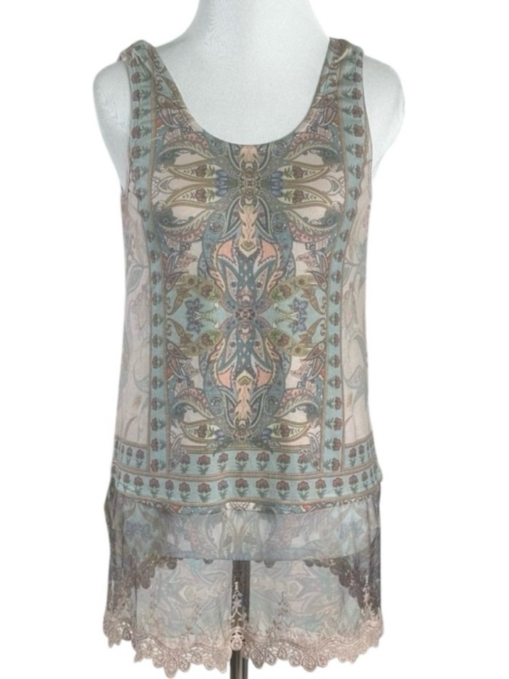 Origami Art Deco Bohemian Floral Sheer Mesh Ruffle Lace Hem Sleeveless Top Small